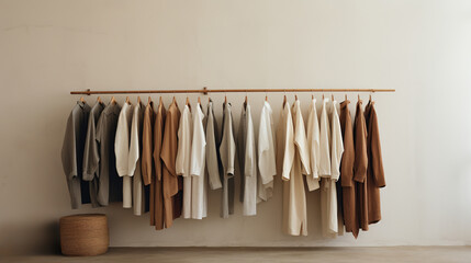Generative AI, Cloth store aesthetic background, photo of clothes hanging on hangers, muted neutral colors	