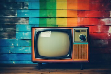 Old retro wooden TV with gray blank screen on colorful background. Antique television with empty screen in vintage style. Bright abstract background with colored strips