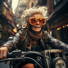 Fototapeta premium Pure joie de vivre, older woman - pensioner, grandmother, drives laughing on an old motorcycle to enjoy life, ai generates
