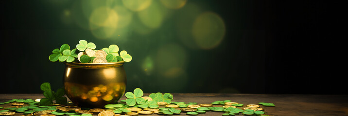 banner St Patricks day with treasure of leprechaun, pot full of golden coins and shamrocks on festive green background. - obrazy, fototapety, plakaty