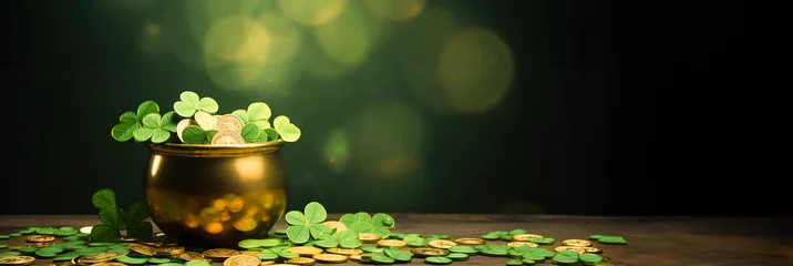 Foto op Plexiglas banner St Patricks day with treasure of leprechaun, pot full of golden coins and shamrocks on festive green background. © Jim1786