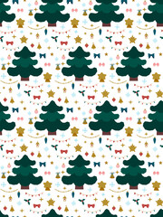 Christmas seamless pattern. A fir tree and a set of festive decorations. Winter decor. Pattern for fabric, wrapping paper, childrens clothing. Vector illustration.