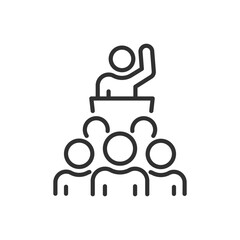 Person in front of the crowd behind the podium, linear icon. Line with editable stroke