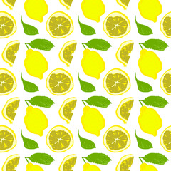 Lemon seamless pattern for Citrus fruit wallpaper on transparent background in hand drawn style. Color lemon illustrations for cosmetic label backdrop, organic jam badge, lemon juice packaging design
