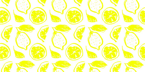 Lemon seamless pattern for Citrus fruit wallpaper on transparent background in hand drawn style. Yellow lemon illustrations for cosmetic label backdrop, organic jam badge, lemon juice packaging design