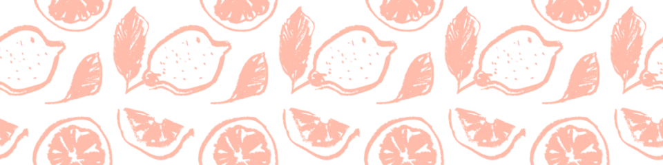 Foto op Plexiglas Lemon seamless pattern for Citrus fruit wallpaper on transparent background in hand drawn style. Pink lemon illustrations for cosmetic label backdrop, organic jam badge, lemon juice packaging design © Design Couple