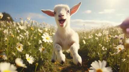 Funny little newborn goat jumping in the flower field. animal farm.