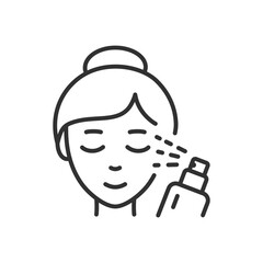 Woman sprays a spray on her face, linear icon. Line with editable stroke