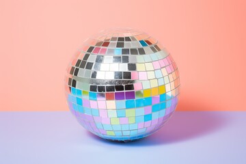 Disco or mirror ball with rainbow on pastel light pink and purple background. Music and dance party background. Trendy party symbol. Abstract retro 80s and 90s concept