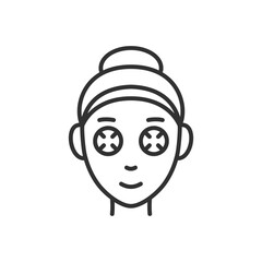 Woman uses cucumber eye mask, linear icon. Line with editable stroke