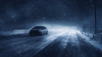 In winter, a car drove in a blizzard with reduced visibility, and snow illuminated by headlights.