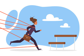 Career obstacle for businesswoman, inequality and sexism vector illustration. Cartoon female employee running towards barrier with perseverance to jump, difficulty of overcoming barricade for woman - obrazy, fototapety, plakaty