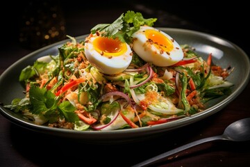 Spicy Thai salad with green papaya and salty eggs. Generative AI - obrazy, fototapety, plakaty