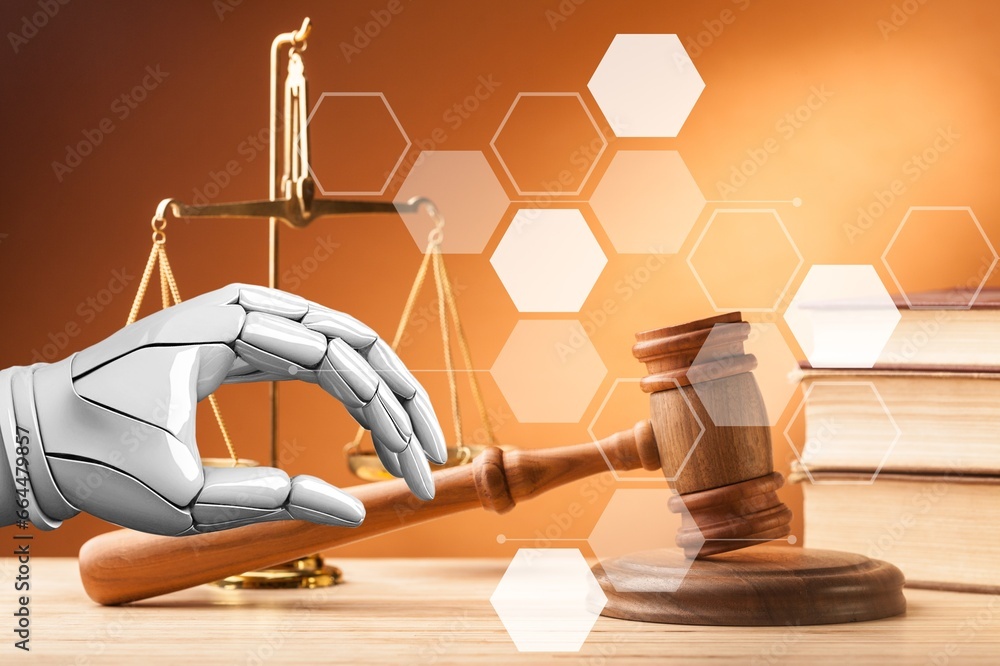 Canvas Prints AI law concept with robot hand hold wooden gavel, AI generated image