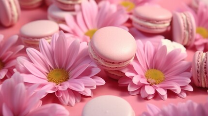 Obraz na płótnie Canvas Daisies on a pink background with a macaron. Lay flat