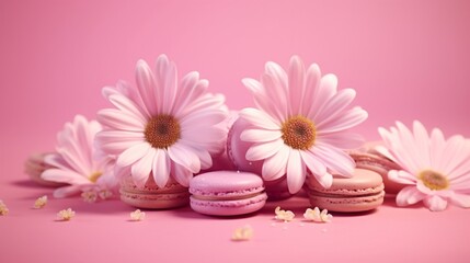 Obraz na płótnie Canvas Daisies on a pink background with a macaron. Lay flat