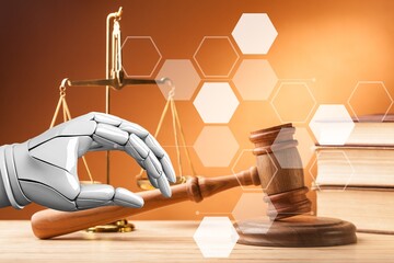 AI law concept with robot hand hold wooden gavel, AI generated image