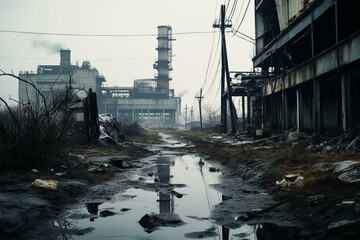 Desolate factory overrun by nature. Bleak industrial setting. Generative AI