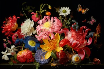 Stunning blooms and insects in vibrant colors. Generative AI