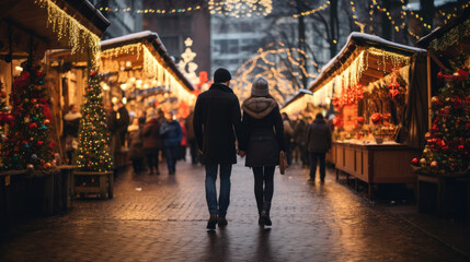 couple au marché de Noël aux boutiques décorées et luminaires - obrazy, fototapety, plakaty