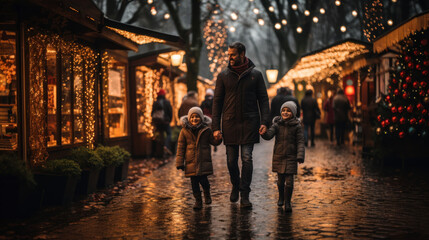Fototapeta na wymiar père et ses enfants au marché de Noël avec boutiques décorées et luminaires