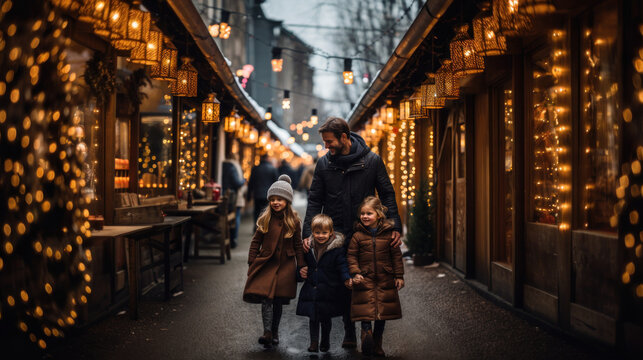 p&egrave;re et ses enfants au march&eacute; de No&euml;l avec boutiques d&eacute;cor&eacute;es et luminaires