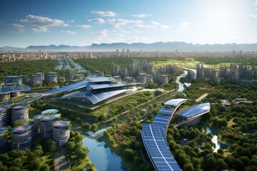 Aerial view of an eco-friendly city with green rooftops and solar panels.