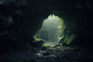 Mystical portal in a secluded mountain cave.