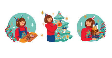 Pre-holiday preparations. Girl decorates a Christmas tree, prepares gingerbread cookies, and packs gifts.