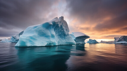 énorme iceberg à la dérive le soir sous un ciel orageux à l'heure dorée - obrazy, fototapety, plakaty