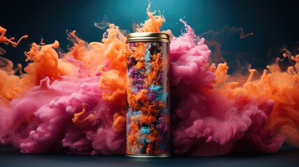 In the style of light orange and teal, this image features a pink aerosol can dispersing a colorful cloud of powders.
