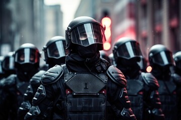 Special task force team in action. Special police forces ensure public order at protest rally. Group of soldiers with weapon on the street. Military operations or special operation concept 