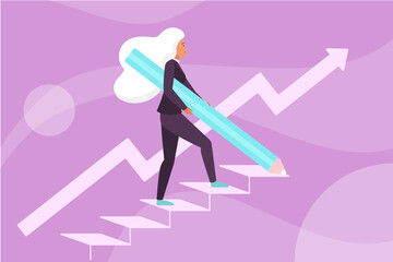 Businesswoman career growth vector illustration. Cartoon tiny woman holding pencil to draw stairs and climb up with effort, leader upward to reach business goals and success progress development - obrazy, fototapety, plakaty