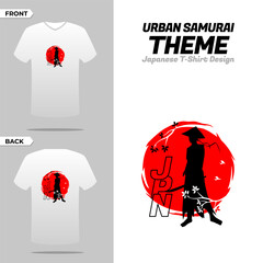 Japanese t-shirt design. urban female samurai. silhouette japan samurai vector for design t shirt concept. silhouette samurai. silhouette for a Japanese theme. Samurai Vector Illustration.