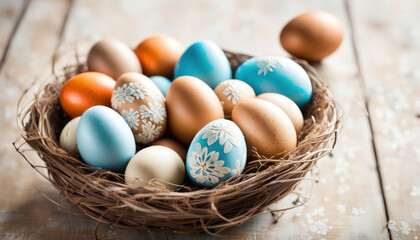 Naklejka na ściany i meble Beautiful decorated easter eggs in a nest with copy space