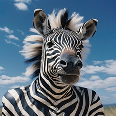 The head of a cheerful zebra on a blue sky background. Generated by And .