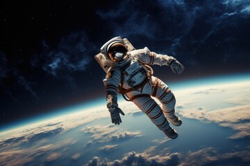 Fototapeta na wymiar Astronaut floating weightlessly against a backdrop of Earth.
