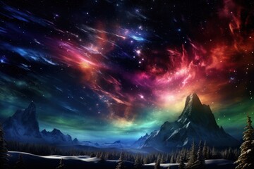 Aurora borealis in space caused by solar winds interacting with cosmic entities.