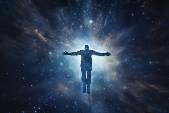 Astral projection of a human spirit against starry backdrop.