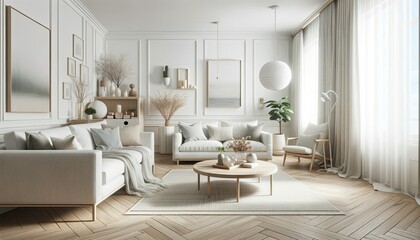 Fototapeta premium Photo showcasing a Scandinavian-inspired living room with white walls, light wooden floors, and modern furniture. The decor is subtle with a blend of textures and muted colors.