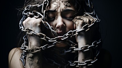 Concept photo of the fight against domestic violence
a beautiful girl chained and covered in mud
