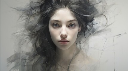 beautiful woman with long hair in a painting, in the style of gloomy-romantic illustrations, gray background