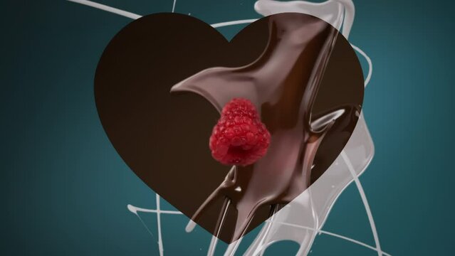Dark chocolate fresh raspberry and milk heart shaped split screen splashing and falling in slow motion