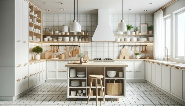 Photo showcasing a Scandinavian-inspired kitchen with a central island, white tiles, and light wooden accents. The design emphasizes functionality and simplicity.