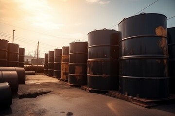 Stacks of oil barrels and chemical tanks. Industrial energy reserves. Generative AI