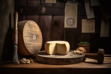 Cheese wheel with aging label and rustic cellar background. Generative AI