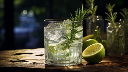Classic gin and tonic cocktail with rosemary sprigs in tall glasses on a table with bar accessories
