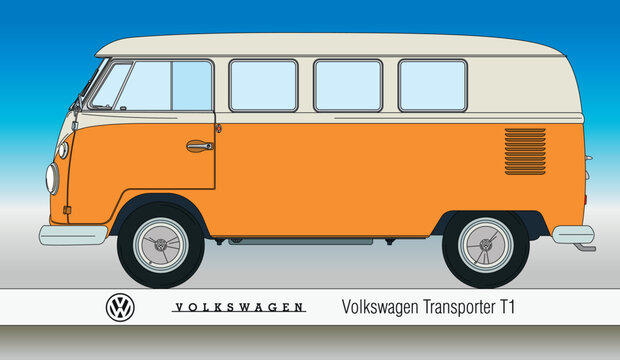 Germany, year 1964, Volkswagen Transporter T1 vintage car silhouette, coloured with orange color, vector illustration