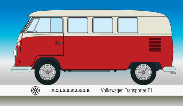 Germany, year 1964, Volkswagen Transporter T1 vintage car silhouette, coloured with red color, vector illustration