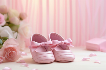 Obraz na płótnie Canvas bailarinas de niña rosas junto a ramo de flores sobre fondo de pared con rayas rosas y blancas